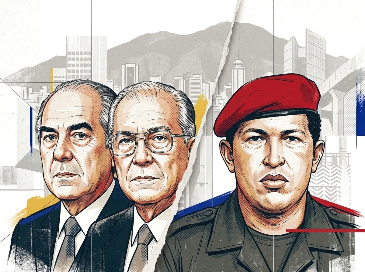 Ilustración editorial para La crisis de la IV República y el ascenso de Hugo Chávez