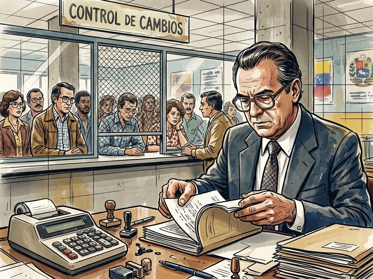 Ilustración editorial para RECADI: controles, divisas y rendición de cuentas