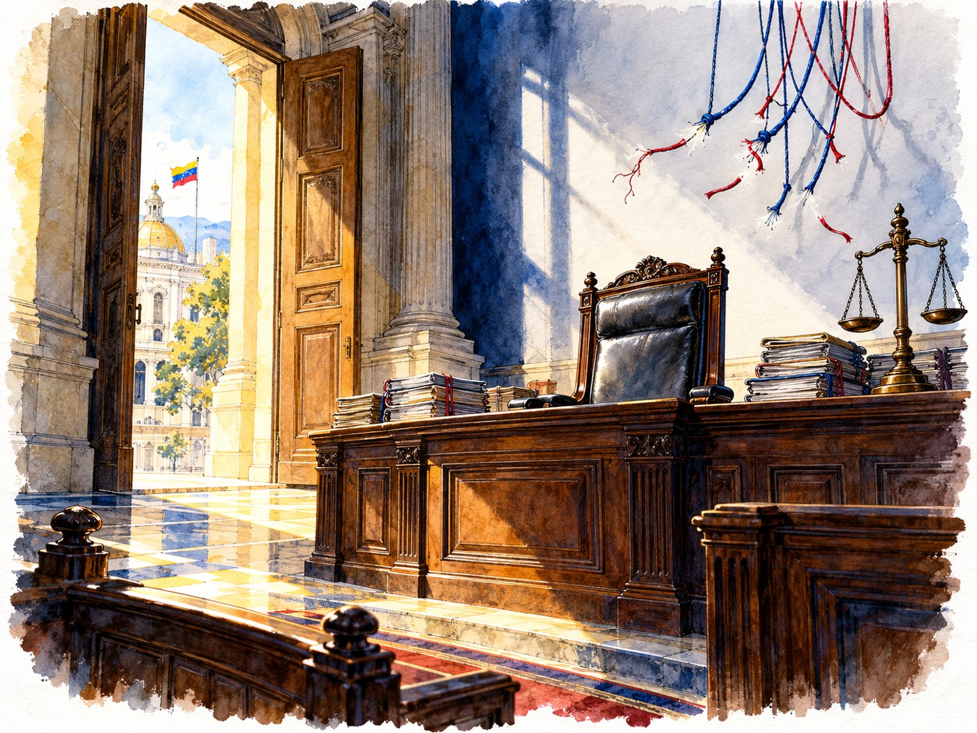 Ilustración editorial: sala de justicia abierta, silla judicial vacía y cuerdas de control partidista cortadas