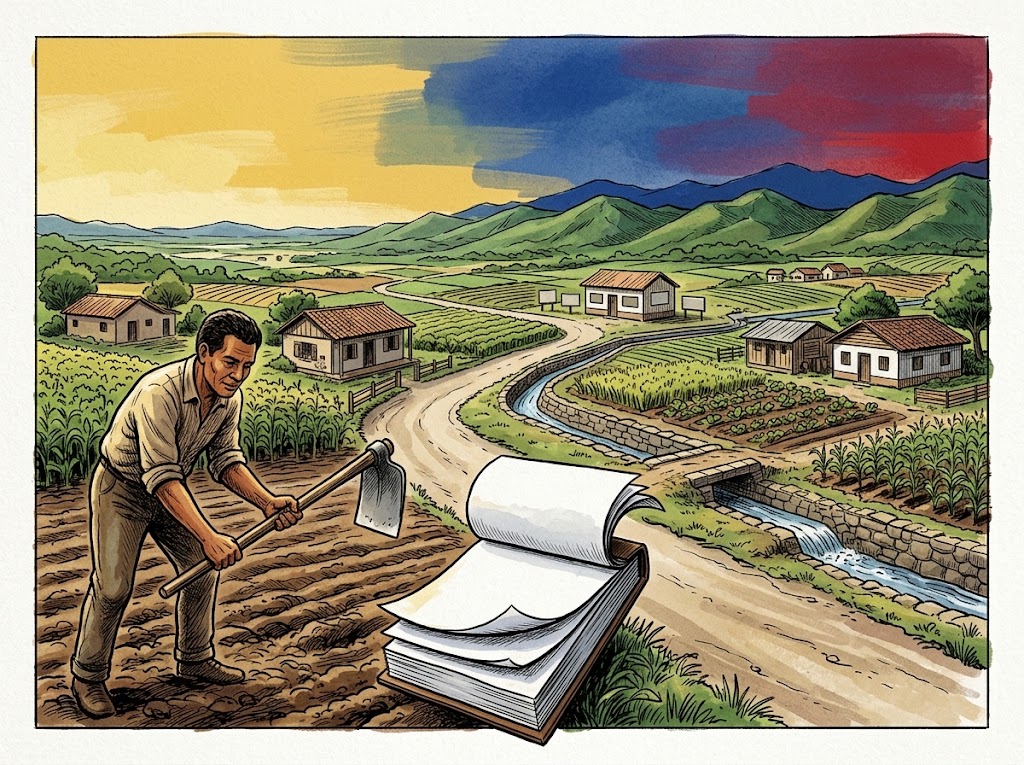 Ilustración editorial para Pensar veinte años: agricultura y continuidad en el proyecto de Renny