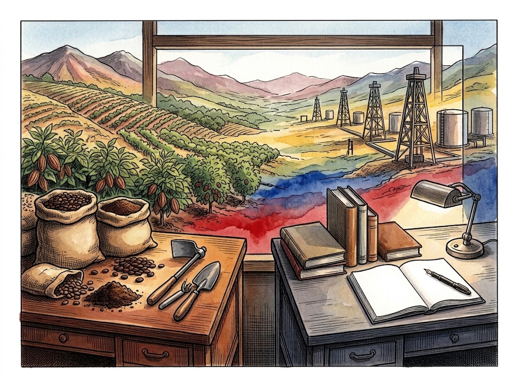 Ilustración editorial para Uslar y Adriani: dos diagnósticos sobre la Venezuela productiva